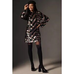 Anthropologie Maeve Long-Sleeve Mock-Neck Sequin Mini Dress